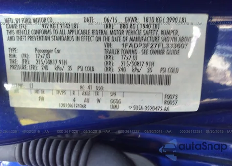 2015 Ford Focus Se z USA, uszkodzony, nr VIN 1FADP3F27FL333607